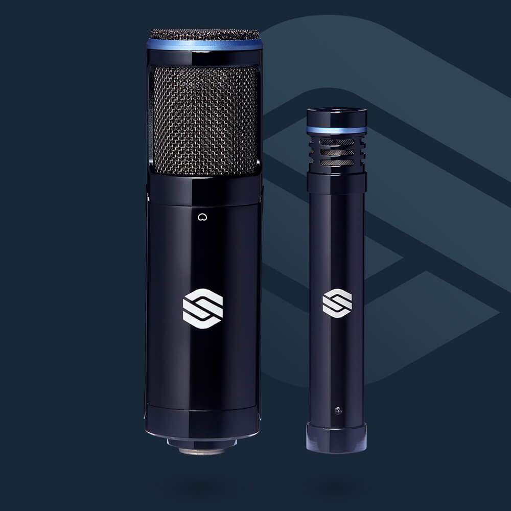 Sterling SP150/130 studio condenser microphone pack on blue background with Sterling logo