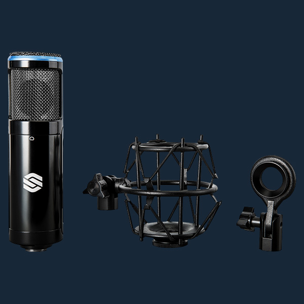 Sterling SP150SMK studio condenser microphones components on blue background