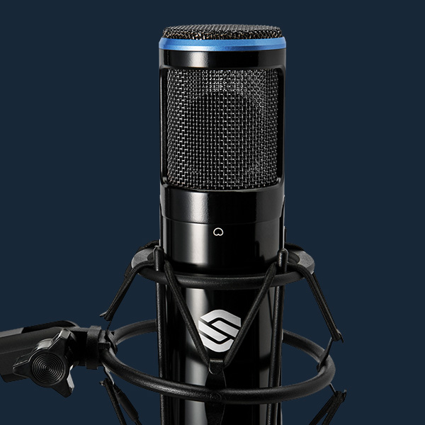 Sterling SP150SMK studio condenser microphones pack shock mounted on blue background