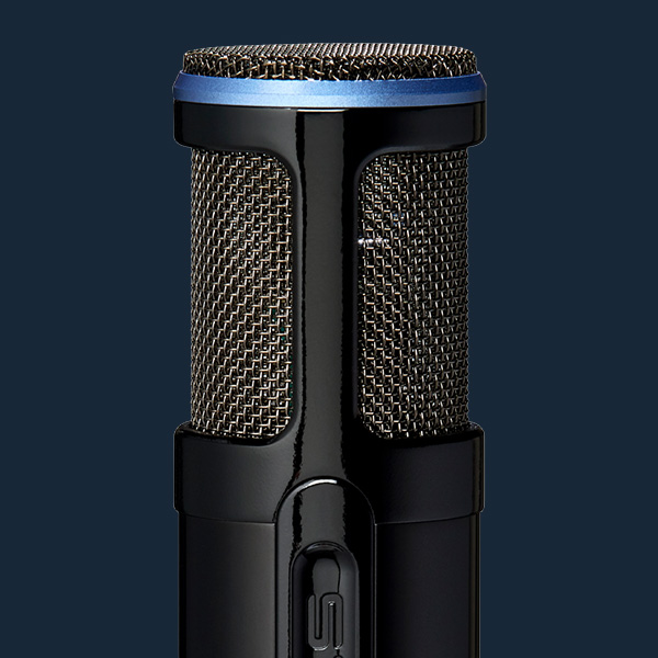 Sterling SP150SMK studio condenser microphones pack side on blue background