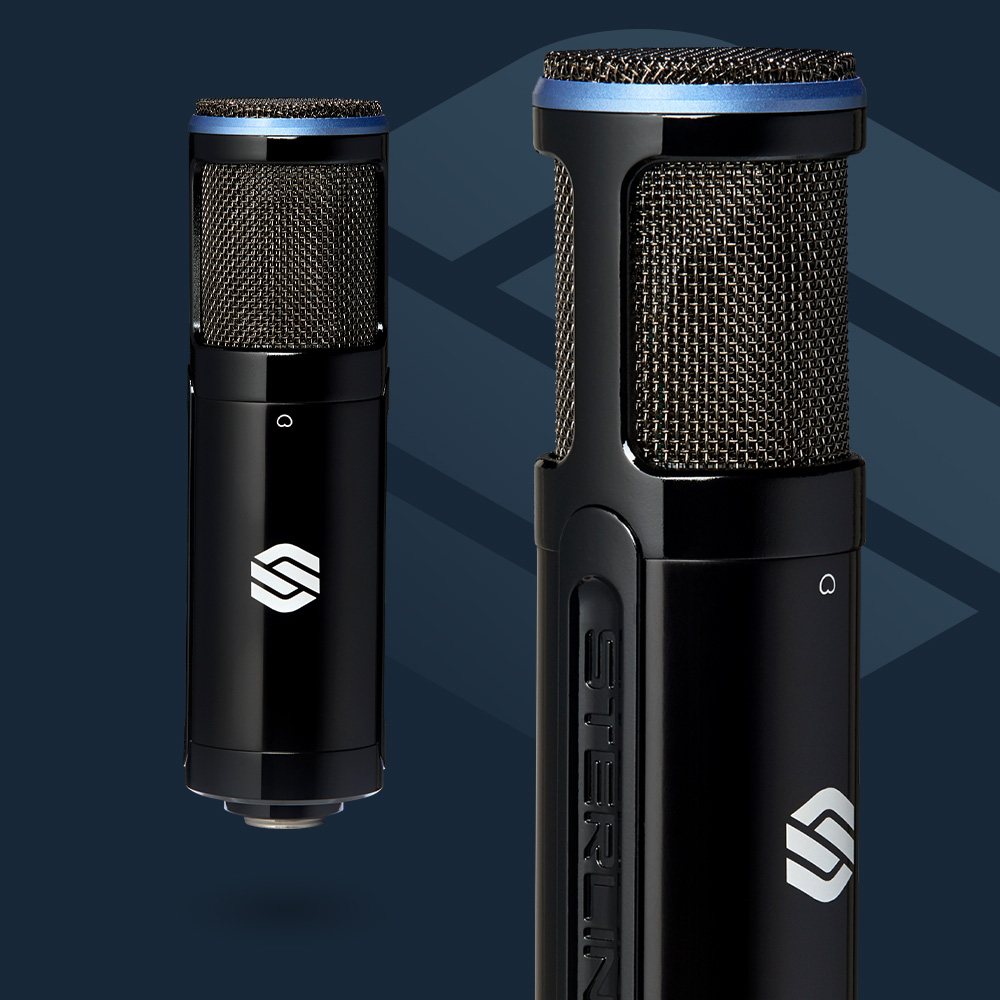 2 Sterling SP150SMK studio condenser microphones on blue background with sterling logo
