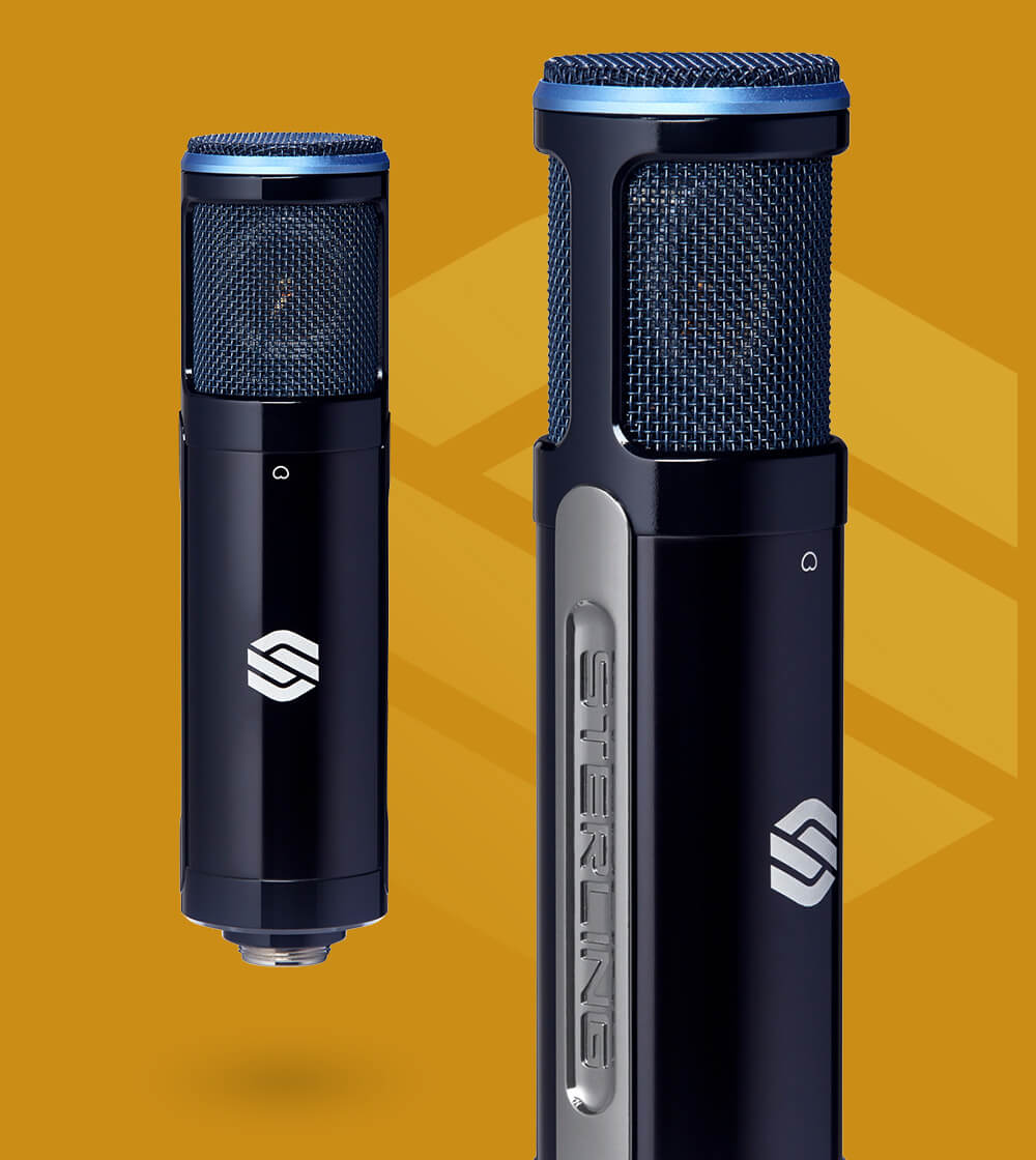 2 Sterling ST151 large diaphragm condenser microphones on yellow background with Sterling logo.