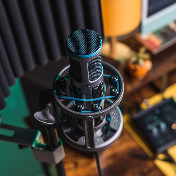 Sterling ST155 large diaphragm condenser microphone shock mounted in home studio.