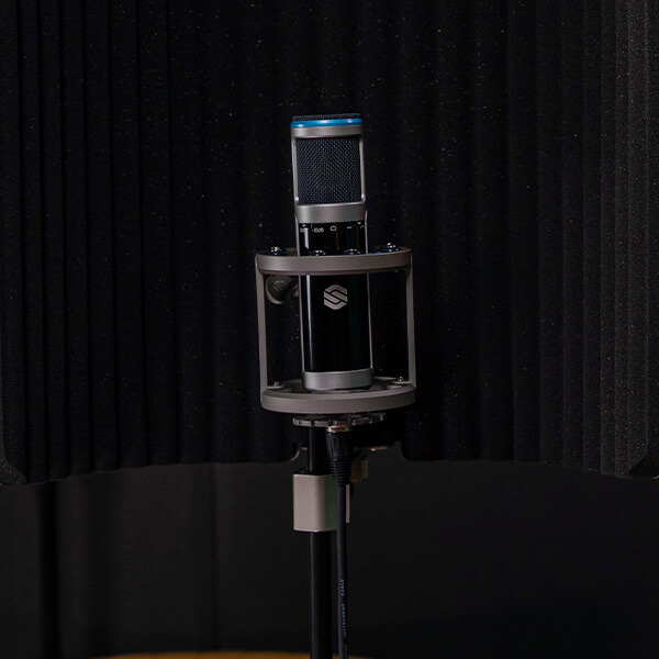Sterling ST155 large diaphragm condenser microphone in dark studio.