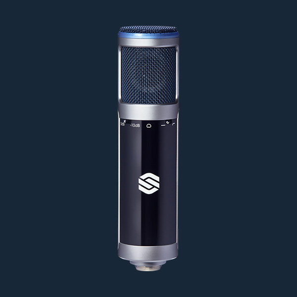 Sterling ST155 large diaphragm condenser microphones on blue background.