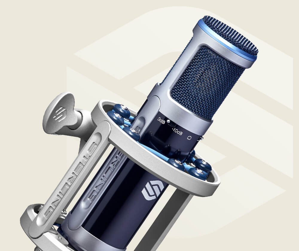 Sterling ST155 large diaphragm condenser microphone shock mounted with SM8 on light background.