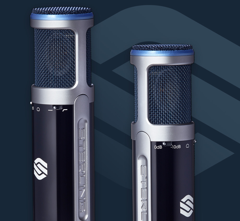 2 Sterling ST155 large diaphragm condenser microphones on blue background with Sterling logo