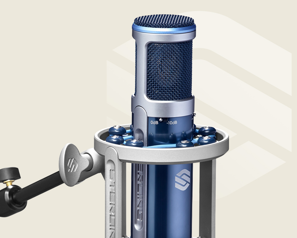 Sterling ST159 multi-patter condenser microphone shock mounted on light background with Sterling logo.
