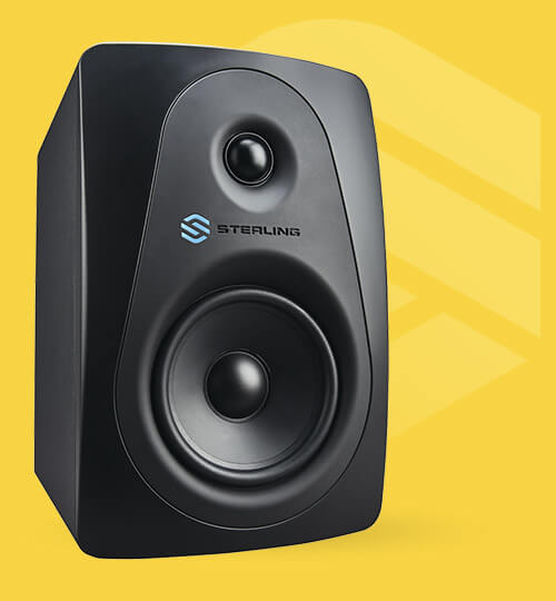 Sterling MX5 5-inch powered studio monitor right on yellow background.