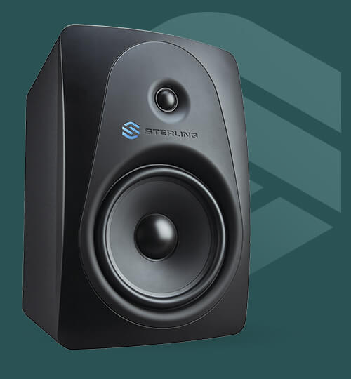 Sterling MX8 8-inch powered studio monitor right and left on green background with sterling logo.