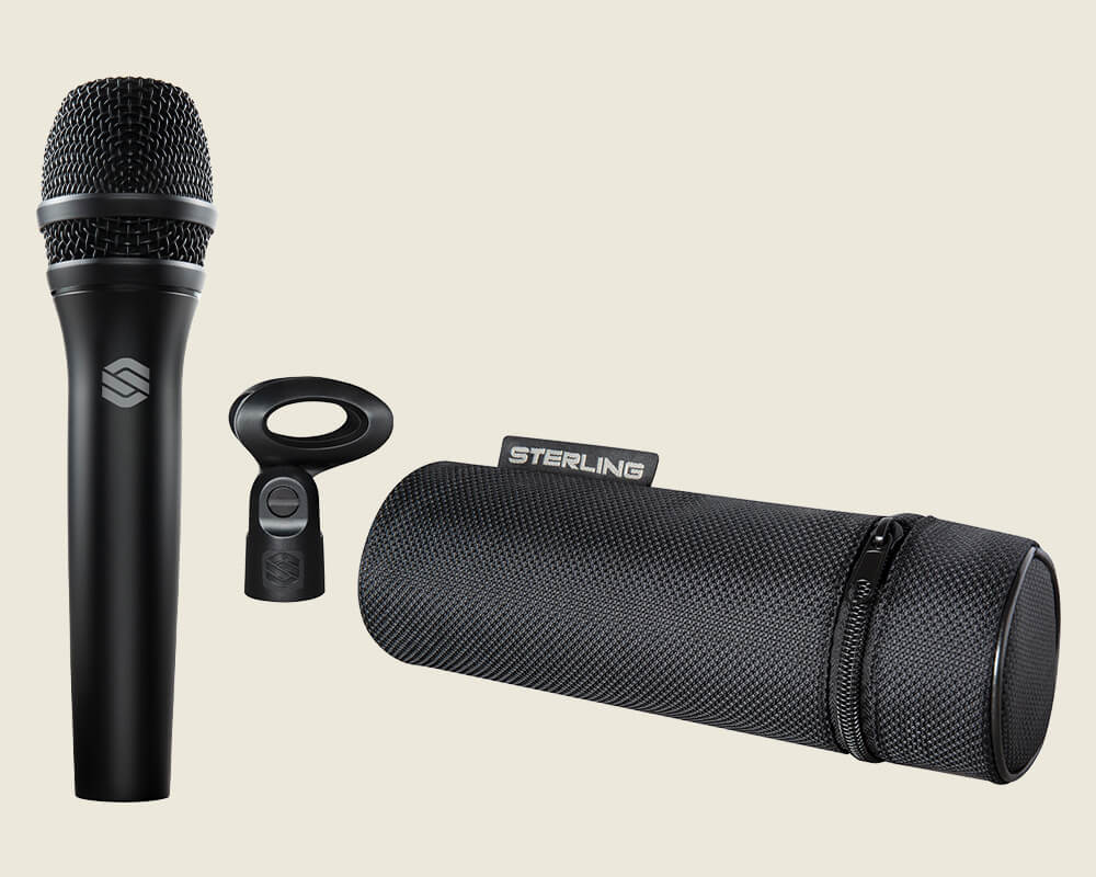 Sterling P20 live vocal microphone with clip and case on a light background.