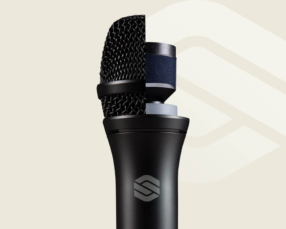 Sterling P20 Live vocal microphone cutaway showing internal design on a light background.