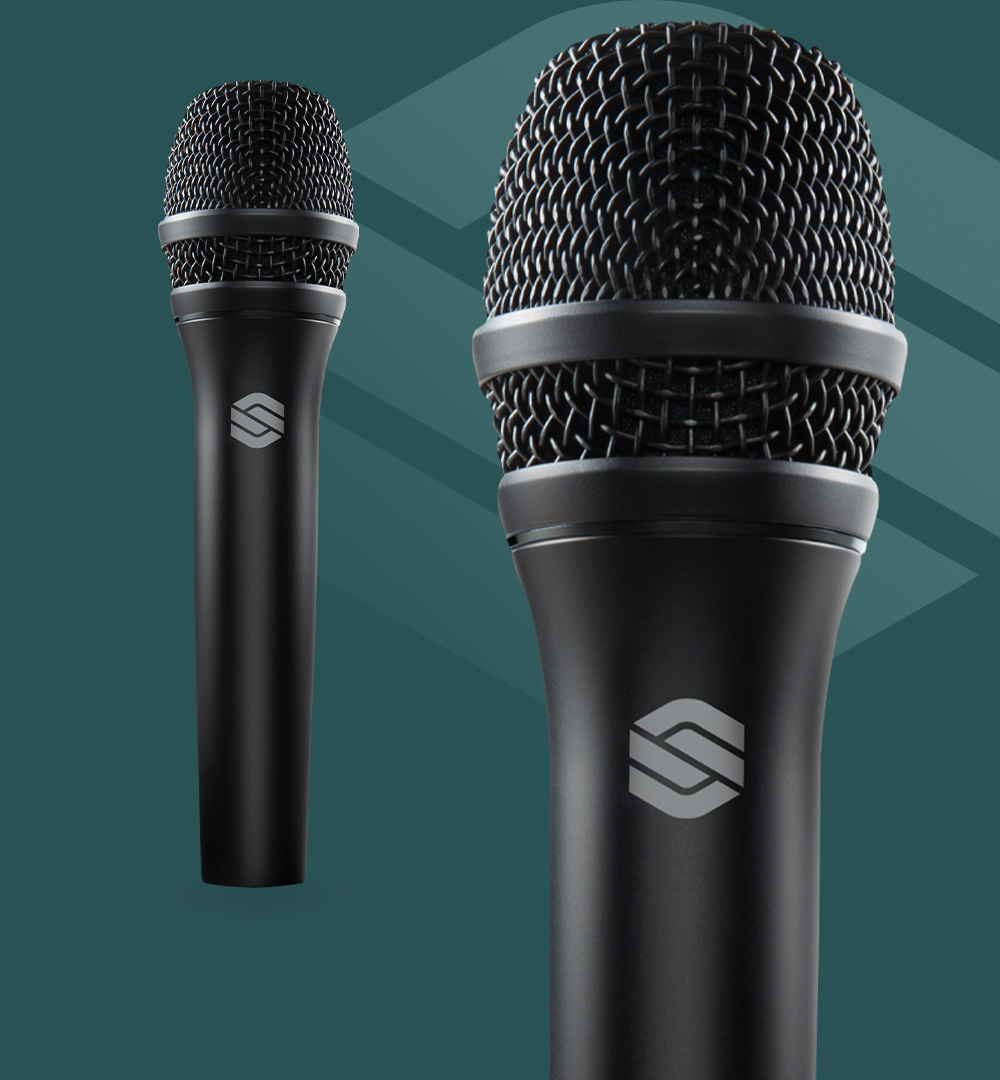 Two Sterling P20 live vocal microphones on green background with Sterling logo.