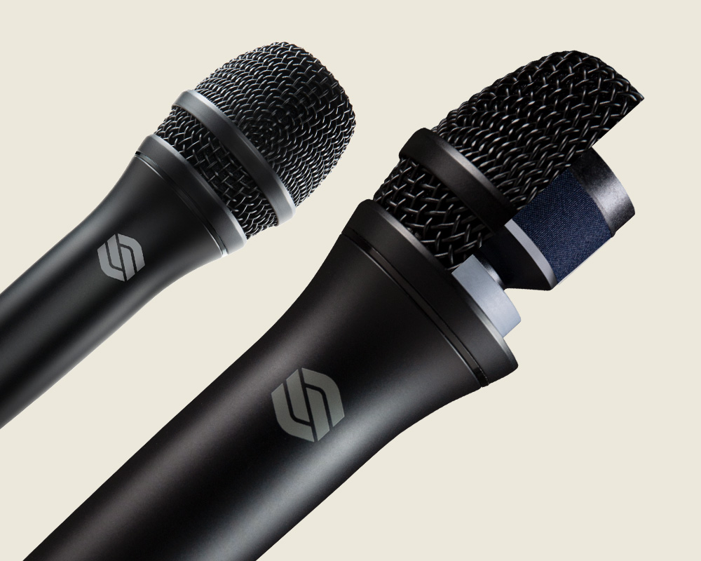 Two Sterling P30 live vocal microphones on green background with Sterling logo.