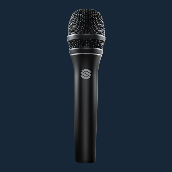 Sterling P30 active dynamic vocal microphone front on blue background.