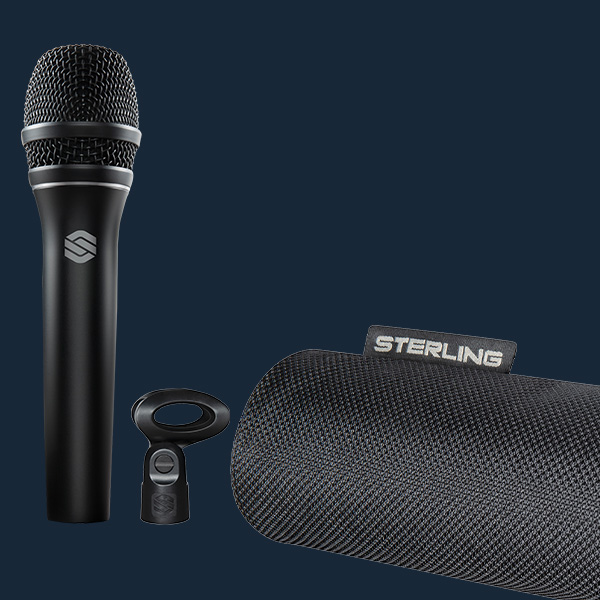 Sterling P30 active dynamic vocal microphone with clip and case on blue background.