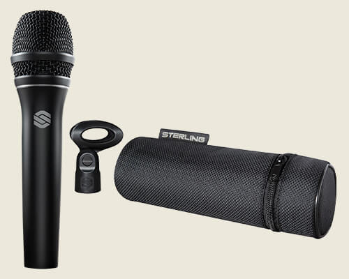 Sterling P30 vocal microphone with clip and case on light background.