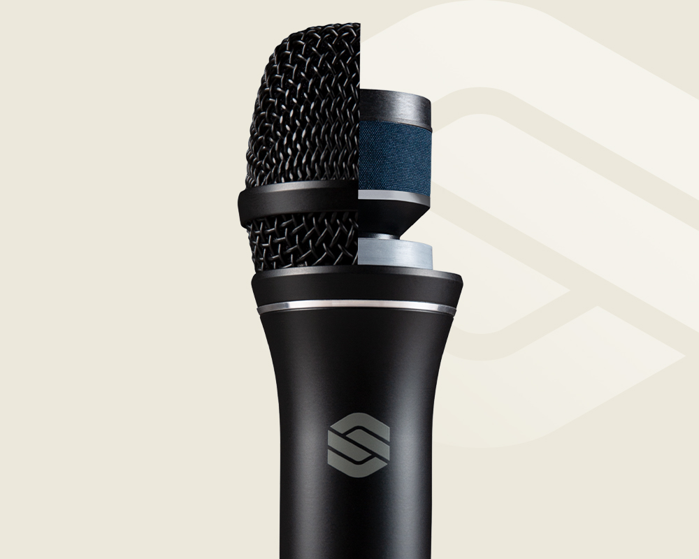 Sterling P30 active dynamic vocal microphone cutaway showing internal design.