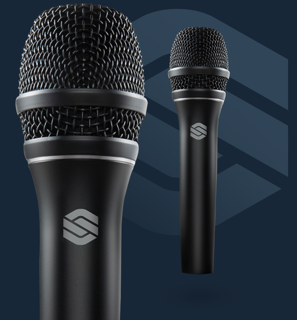 Two Sterling P30 active dynamic vocal microphones on blue background with Sterling logo.