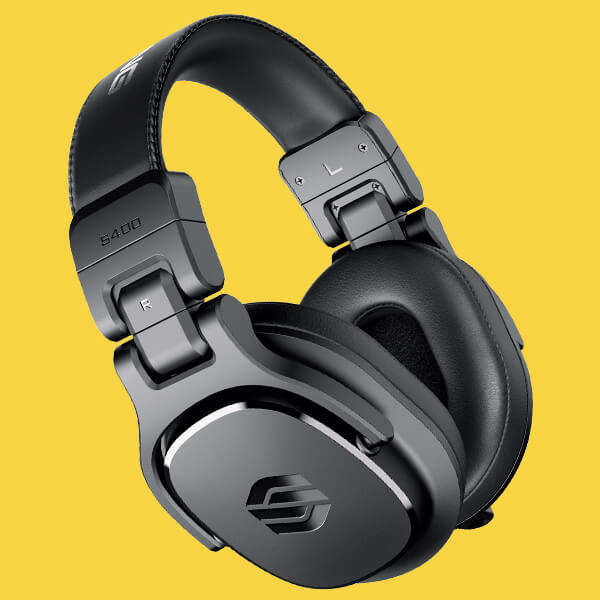 Sterling Audio S400 studio headphone angled on yellow background.