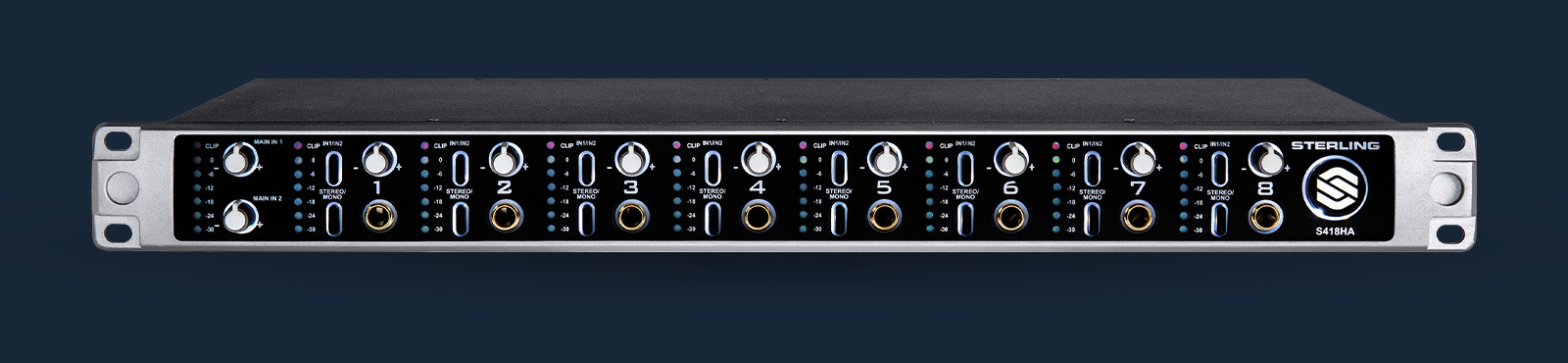 Sterling S418HA professional 8-channel headphone amplifier on blue background.