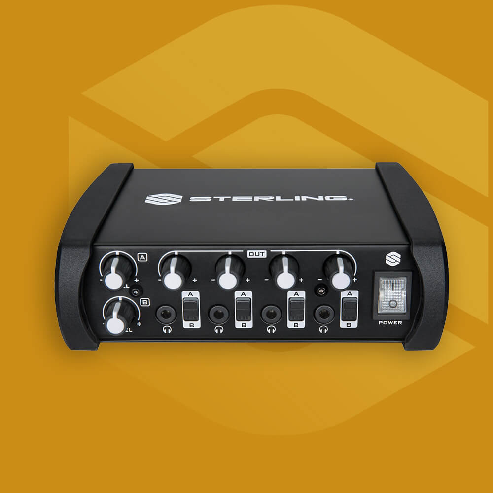 Sterling SHA4 4-channel desktop headphone amplifier front on yellow background
