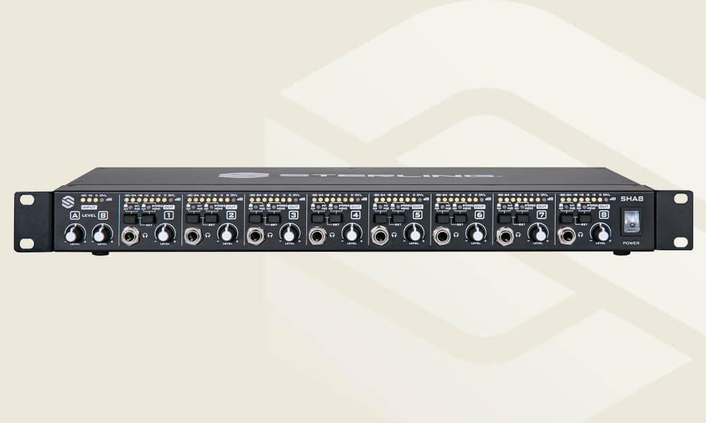 Sterling SHA8 8-channel rackmount headphone amplifier front on light background with Sterling logo.