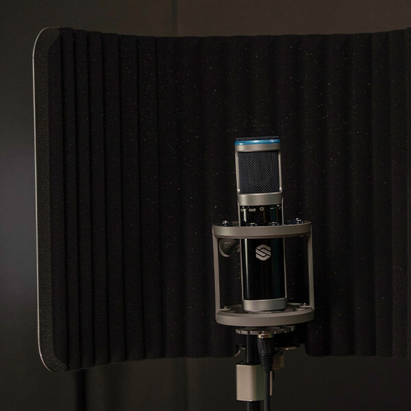 Sterling VMS vocal microphone shield front in dark studio.