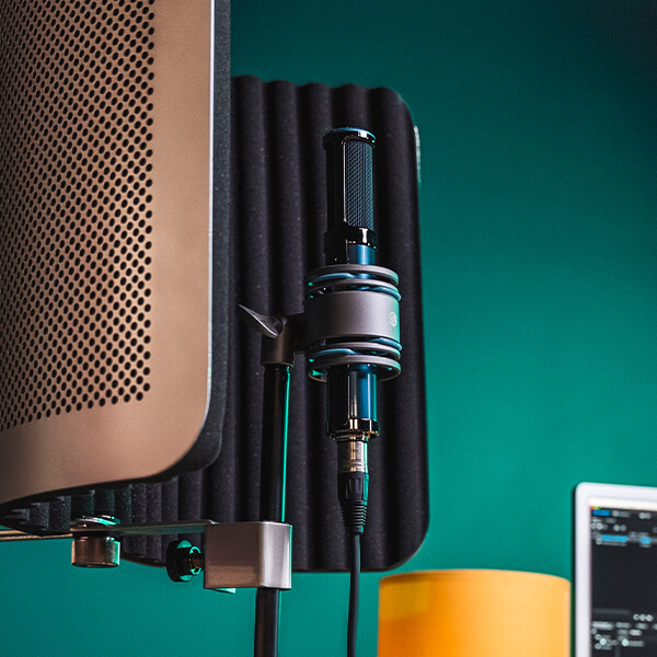 Sterling VMS vocal microphone shield front in green lit studio close up.