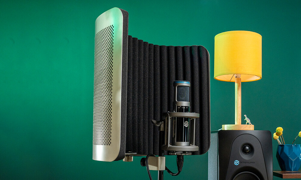 Sterling VMS vocal microphone shield front in green lit studio.