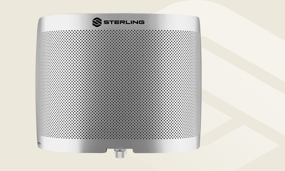Sterling VMS vocal microphone shield front on light background with Sterling logo.