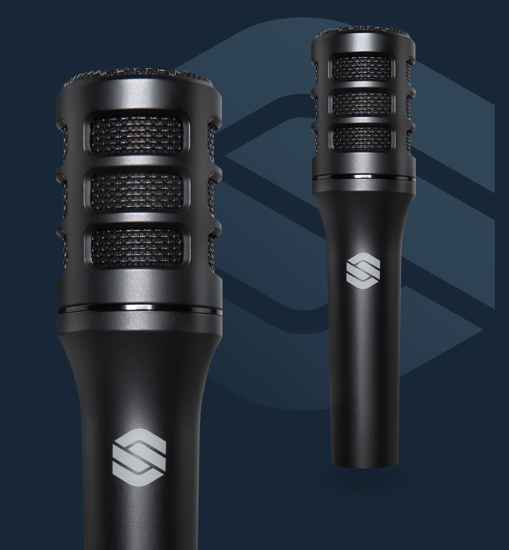 Two P10 instrument microphones on blue background with Sterling logo.
