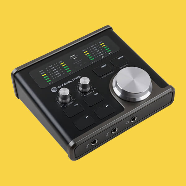 Sterling Harmony H224 audio interface on yellow background.