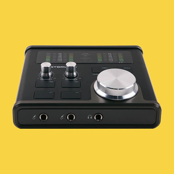 Sterling Harmony H224 audio interface on yellow background.