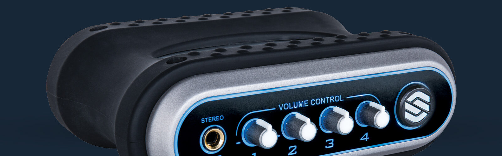 Sterling S204HA Desktop 4-channel headphone amplifier right on blue background close up.