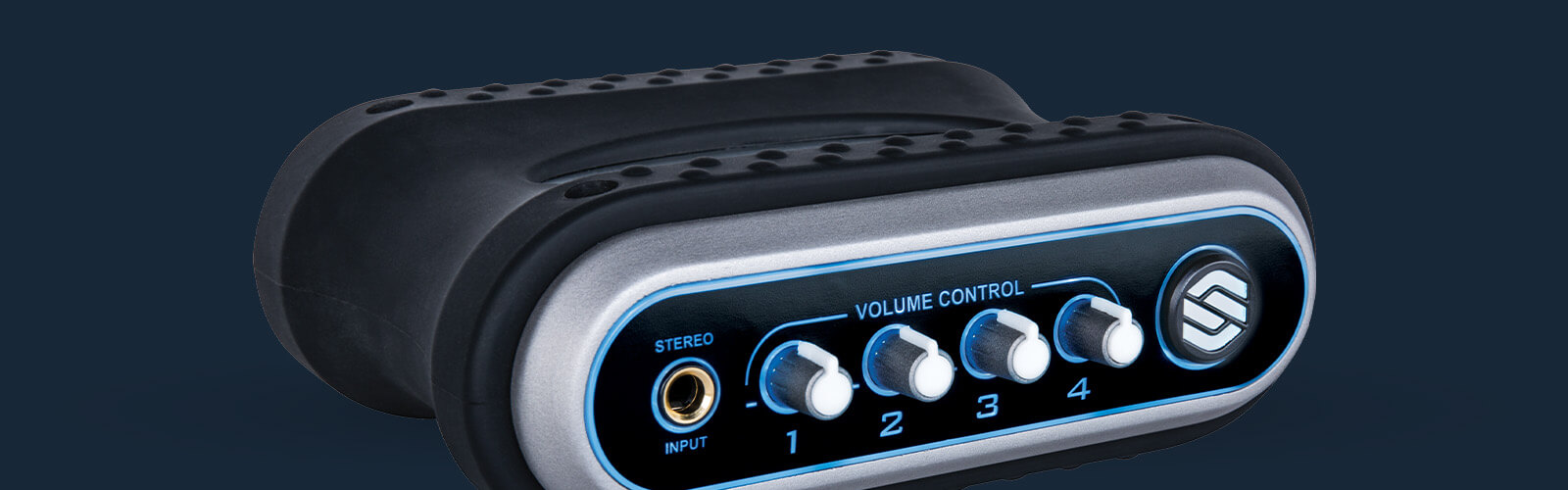 Sterling S204HA Desktop 4-channel headphone amplifier right on blue background close up.