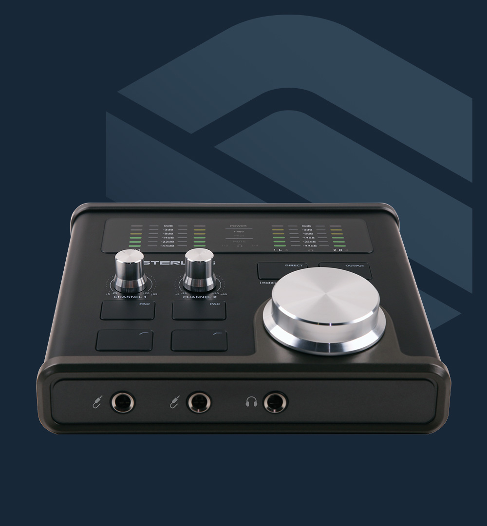 Sterling Harmony H224 audio interface angled on blue background with Sterling logo.