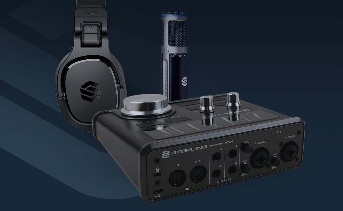 Sterling Harmony H224 audio interface recording podcast on blue background with Sterling logo.