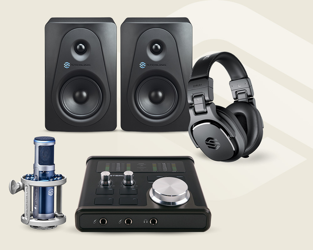 Sterling harmony h224 audio interface recording suite bundle on light background with Sterling logo