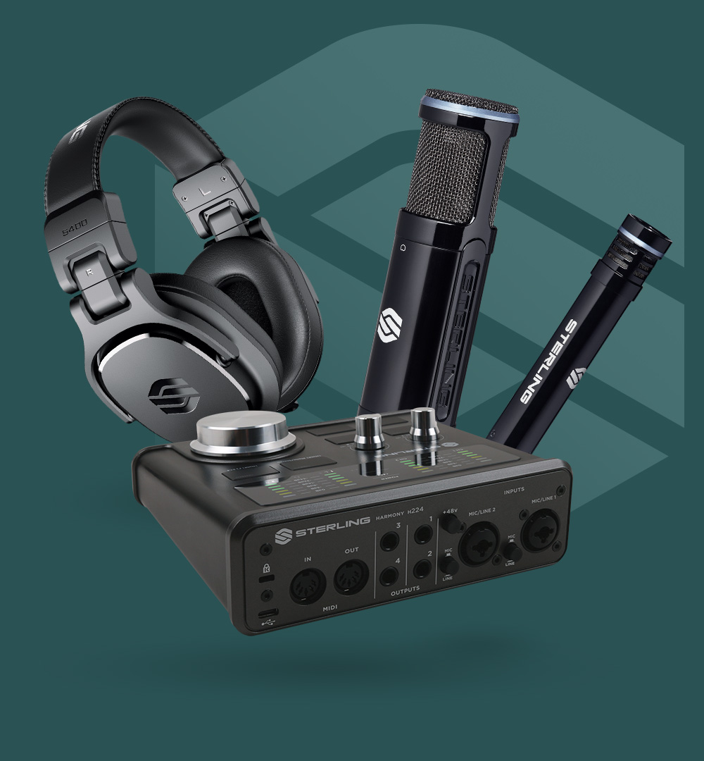 Sterling Audio Harmony H224 Recording Starter Pack on green background with sterling logo.