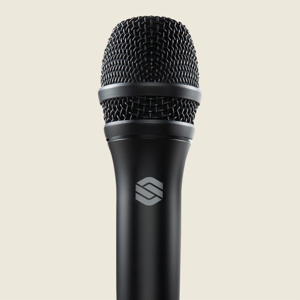 Sterling P20 live vocal microphone front close up on light background.