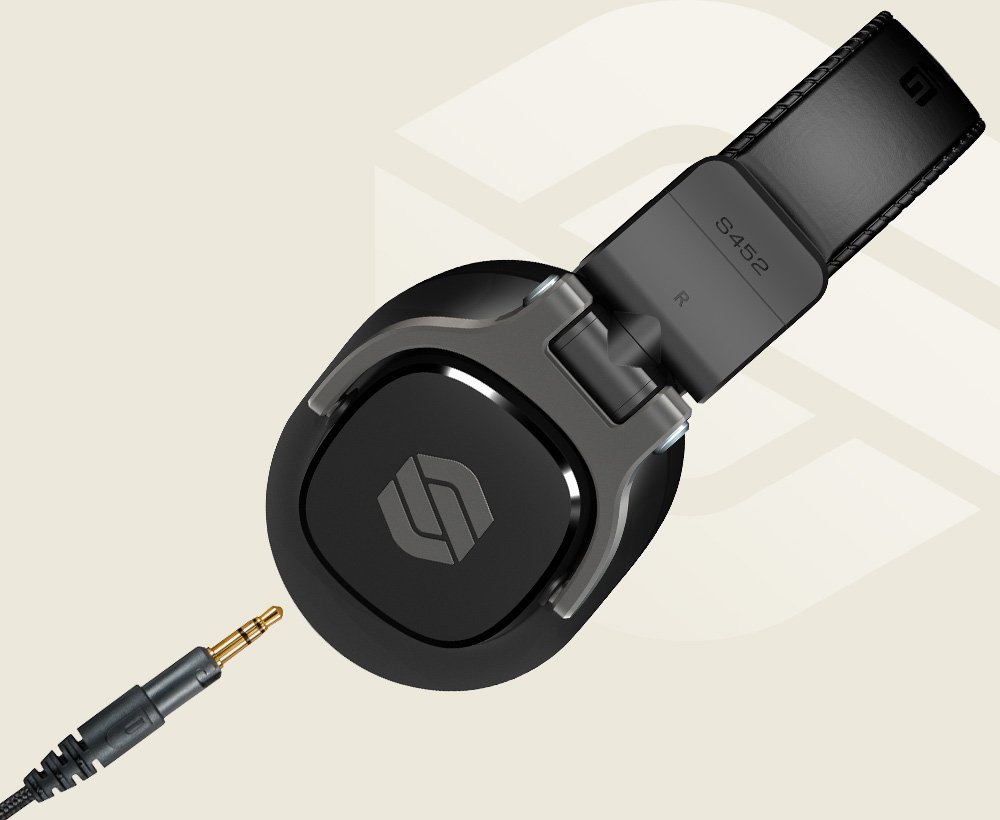 Sterling S452 studio headphones with cable on light background with Sterling logo.