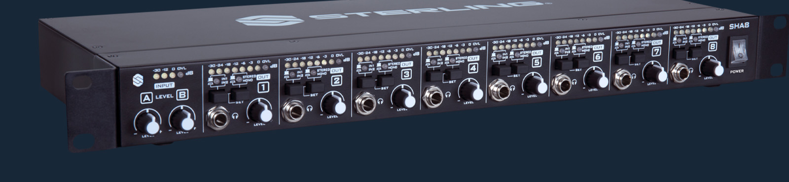 Sterling SHA8 8-channel rackmount headphone amplifier right close up.