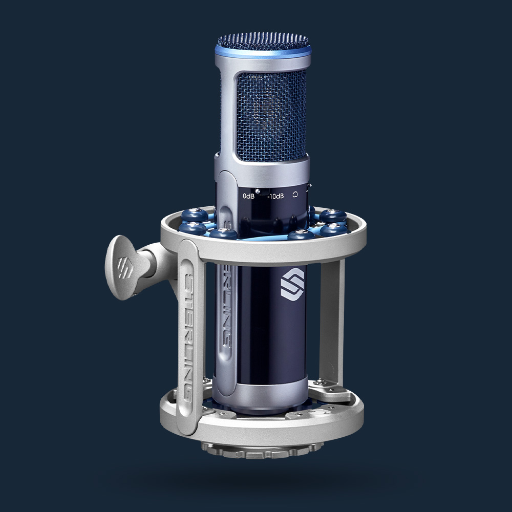 Sterling ST155 large diaphragm condenser microphone with shock mount SM8 on blue background.