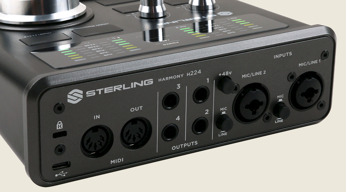 Sterling H224 harmony audio interface rear close up on light background.