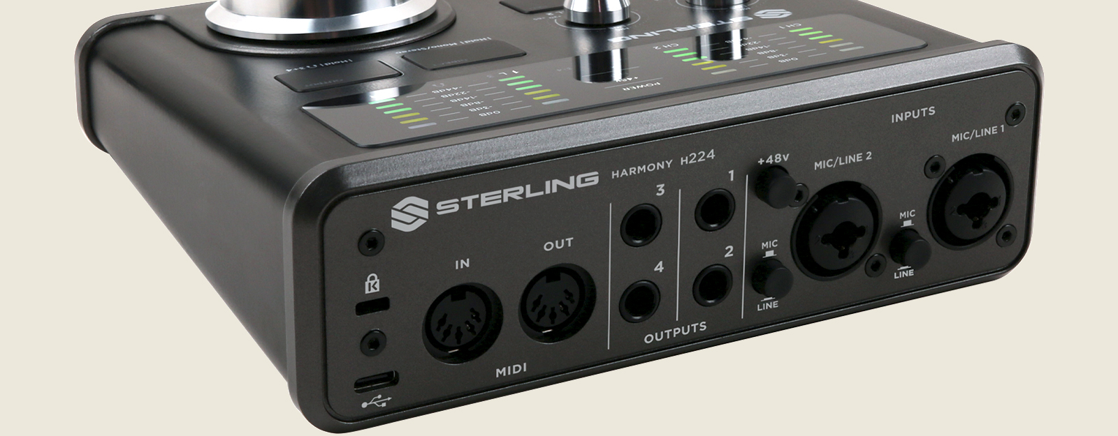 Sterling H224 harmony audio interface rear on light background.