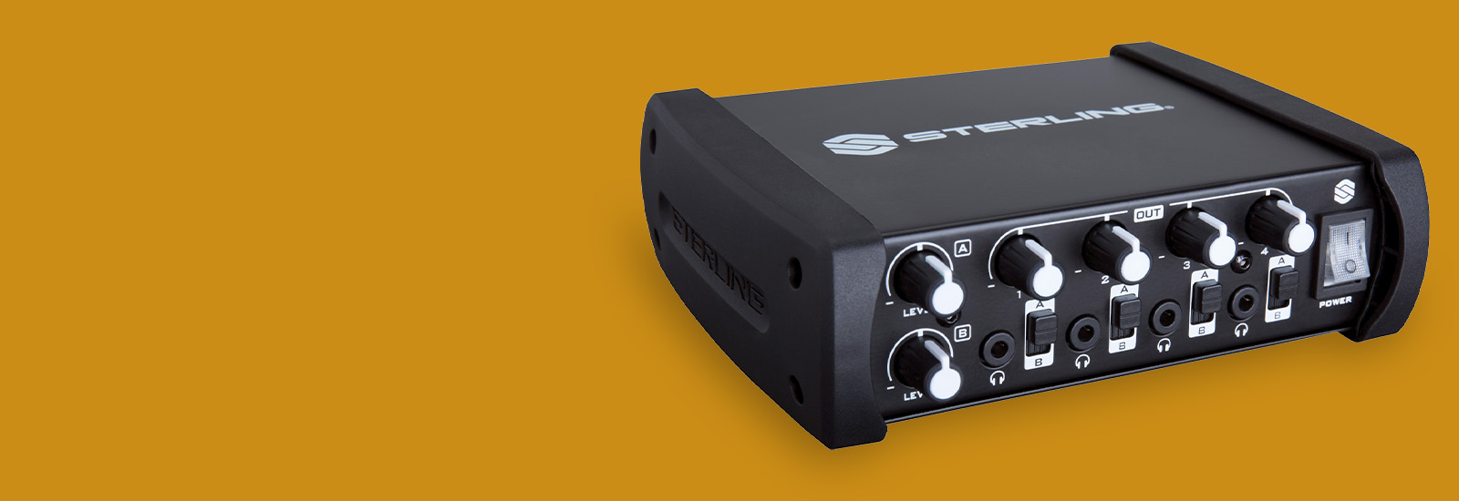 Sterling Sha4 8-channel desktop headphone amplifier angled right on yellow background.