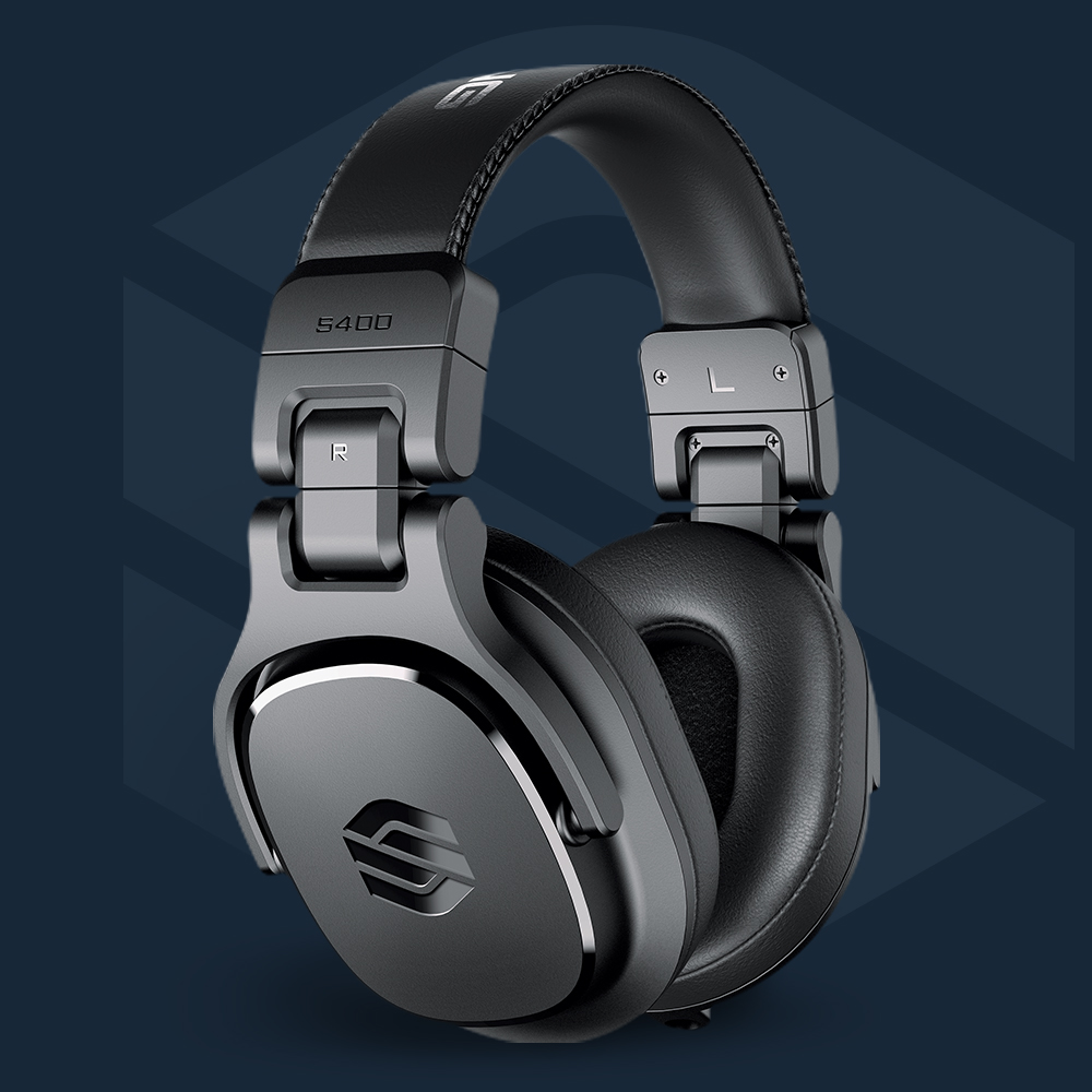 Sterling S400 studio headphones on blue background with Sterling logo.