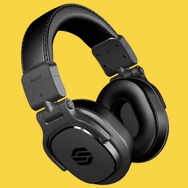 Sterling Audio S402 studio headphone angled on yellow background.